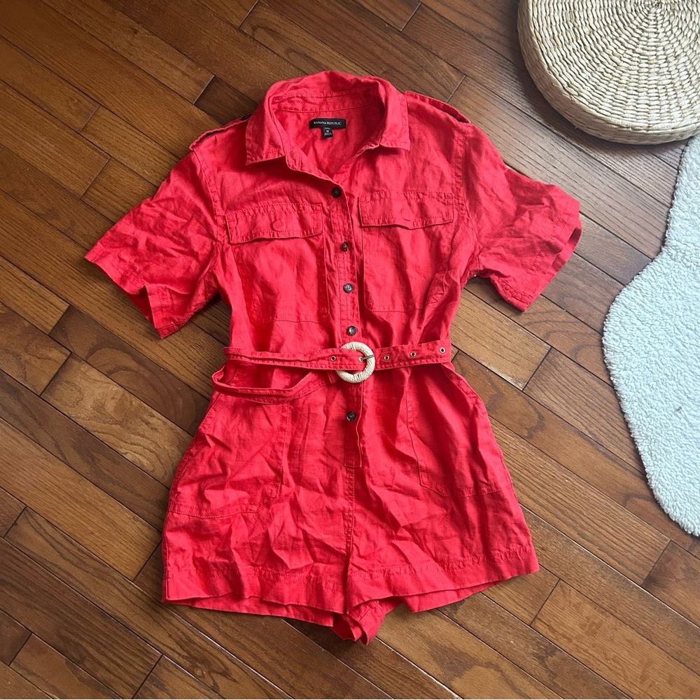 Banana Republic 100% Linen Belted Utility Romper  Jumpsuit Size M Red Orange